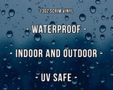a rain covered window with the words waterproof - indoor and outdoor - u v