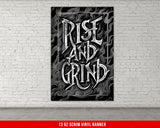 a black and white poster on a white brick wall