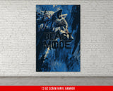 a white brick wall with a poster of a wolf on it