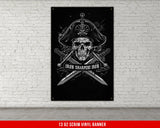 a black and white poster with a skull and two swords
