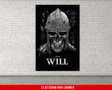 a poster of a skull wearing a helmet