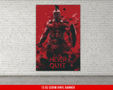 a red poster of a spartan standing in front of a brick wall