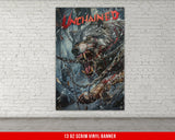 a poster of a wolf with chains hanging on a brick wall