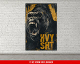 a poster of a gorilla with its mouth open