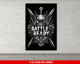 a black and white poster with a skull and two swords