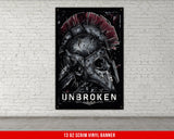 a brick wall with a poster of a helmet on it