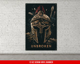 a poster of a spartan helmet on a brick wall