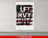 a white brick wall with a red and black poster on it