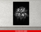 a black and white poster on a white brick wall