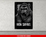 a poster of a gorilla with the words iron savage on it