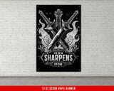 a white brick wall with a black and white poster on it