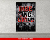 a painting on a brick wall that says rise and grind
