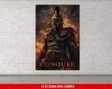 a poster of a man in armor on a brick wall