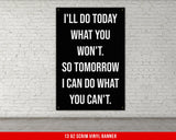 a black and white sign on a white brick wall