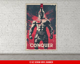 a poster of a roman soldier on a brick wall