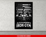 a poster of a man lifting a barbell in front of an american flag