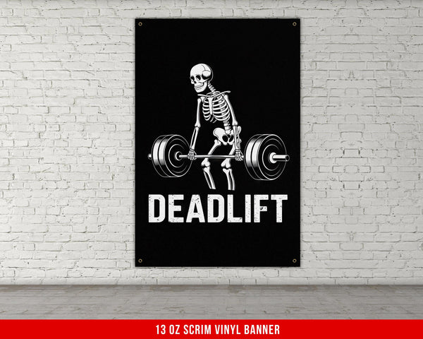 a skeleton lifting a barbell with the words deadlift