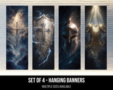 four distinct banners, each showcasing a different armor piece and a shield, all set against a dramatic backdrop.
