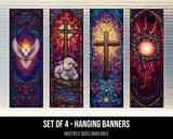 four hanging banners, each with a different religious symbol or design, including a cross, a lamb, a crown, and a crown.