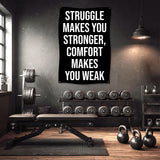 Gym interior with weight bench, dumbbells, and motivational banner.