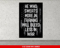 He Who Sweats Banner - Home Gym Decor - Motivational Quote Wall Art - Weightlifting - Garage - USA Grey