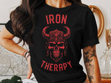 Iron Therapy T-Shirt, Viking Skull Graphic Tee, Gym Workout Shirt, Fitness Motivational Apparel, Weightlifting Gift for Him