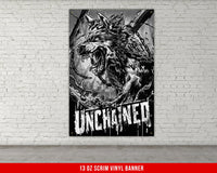 a black and white picture of a snarling wolf on a brick wall