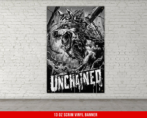 a black and white picture of a snarling wolf on a brick wall