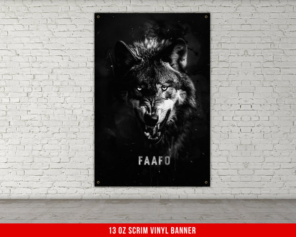 a black and white photo of a wolf on a brick wall