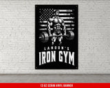 a poster of a man lifting a barbell in front of a brick wall