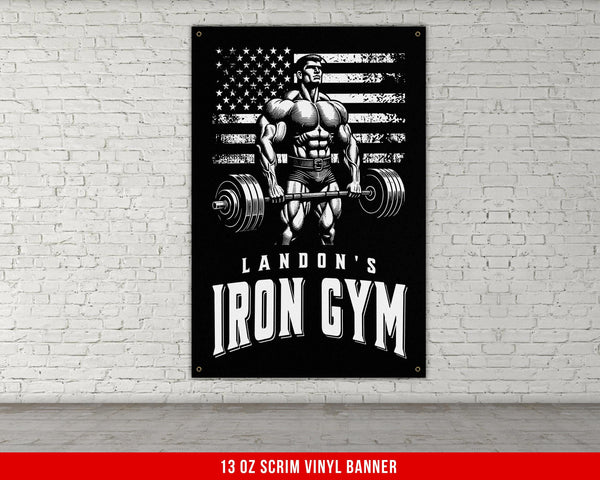 a poster of a man lifting a barbell in front of a brick wall