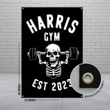 Harris Gym Banner, Skull Lifting Weights, Established 2023, Fitness Decor, Custom Gym Wall Art, Workout Motivation, 24x36 inch