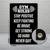 Gym rules banner with motivational quotes and metal grommets, 24x36 inches.