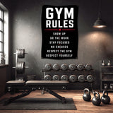 Gym rules sign with workout advice in a gym setting.