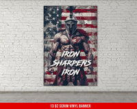 a poster of a spartan with the words iron sharpens iron on it