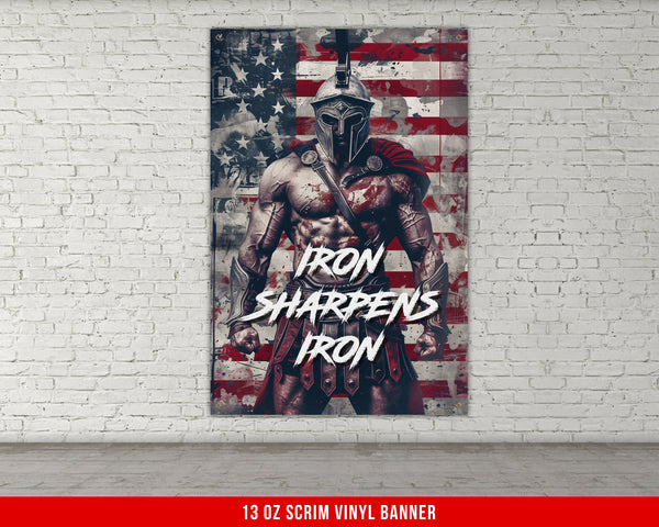 a poster of a spartan with the words iron sharpens iron on it