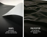 two different types of fabric: a piece of white paper and a piece of black fabric. The white paper is labeled as "VINYL" and described as waterproof, indoor/outdoor use, wear and tear resistant, and 100% polyester cloth washable. The black fabric is labeled as "POLYESTER" and described as 100% polyester cloth washable.