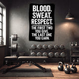 Banner with "BLOOD. SWEAT. RESPECT." and motivational text in a gym.