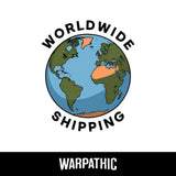 a stylized depiction of the Earth with the text "WORLDWIDE SHIPPING" and "WARPATHIC" written around it.