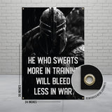 Medieval Knight Wall Art, Motivational Gym Decor, He Who Sweats More in Training, Inspirational Fitness Banner, 24x36 Inches