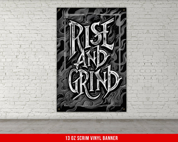 a black and white poster on a white brick wall