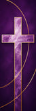 a large, ornate cross with a purple background and gold accents.