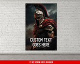 a poster on a brick wall of a spartan warrior
