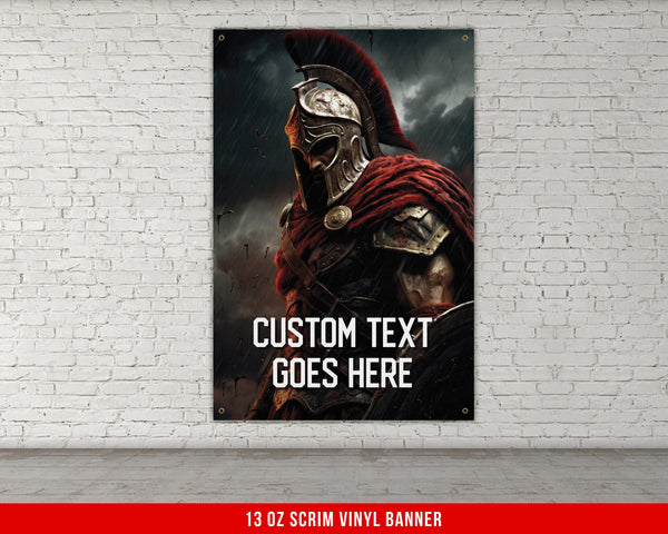 a poster on a brick wall of a spartan warrior