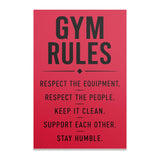 Red poster with black text listing gym rules.