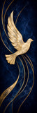 A golden dove in flight against a dark blue background with wavy lines.