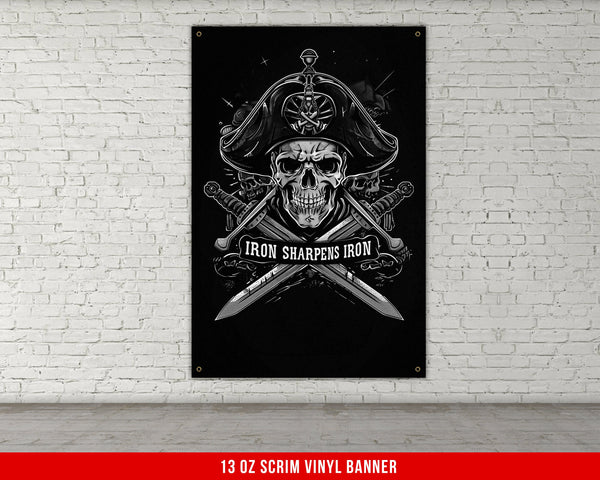 a black and white poster with a skull and two swords
