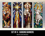 Set of 4 Christian Catholic Banners - Jesus, Cross, Lamb, Crown - Church and Home Religious Wall Art V31