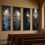 four large paintings hanging on a wall, depicting various scenes and symbols, including a shield, a sword, a helmet, and a figure in a golden outfit.