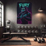 Gorilla skull banner with "FURY" text hanging in a gym.